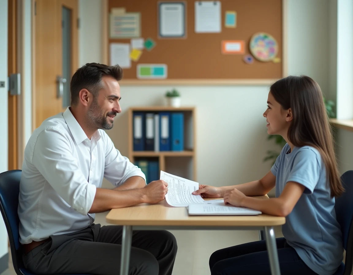 Enseignant en entretien individuel avec un élève dans un bureau scolaire pour un accompagnement personnalisé dans le cadre de Ma Classe 2023