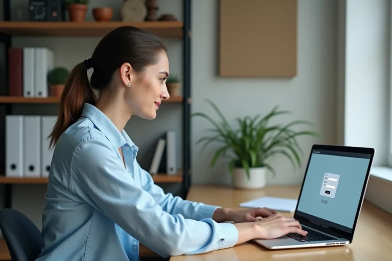 Femme enseignante remplaçante se connectant au portail Arena Versailles sur un ordinateur portable dans un bureau à domicile
