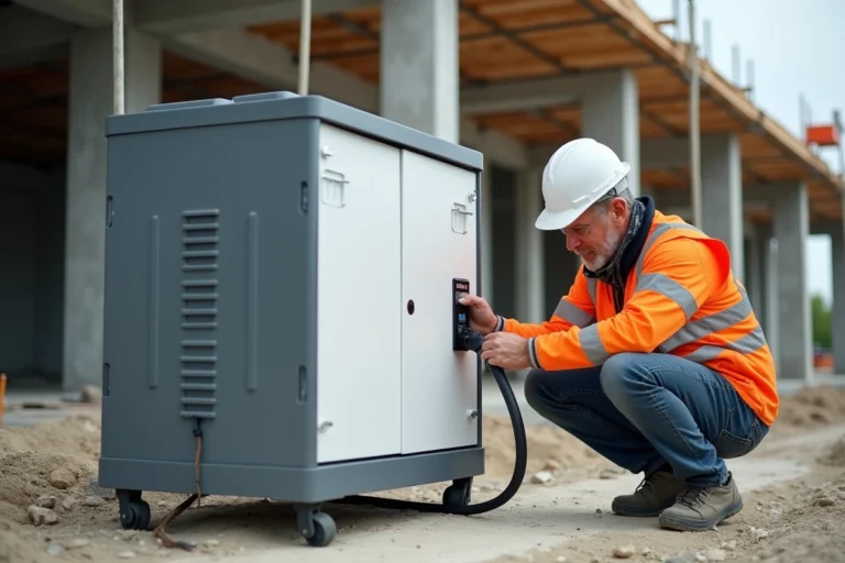 Batterie solaire portable sur un chantier de construction avec un ouvrier connectant les câbles d'alimentation