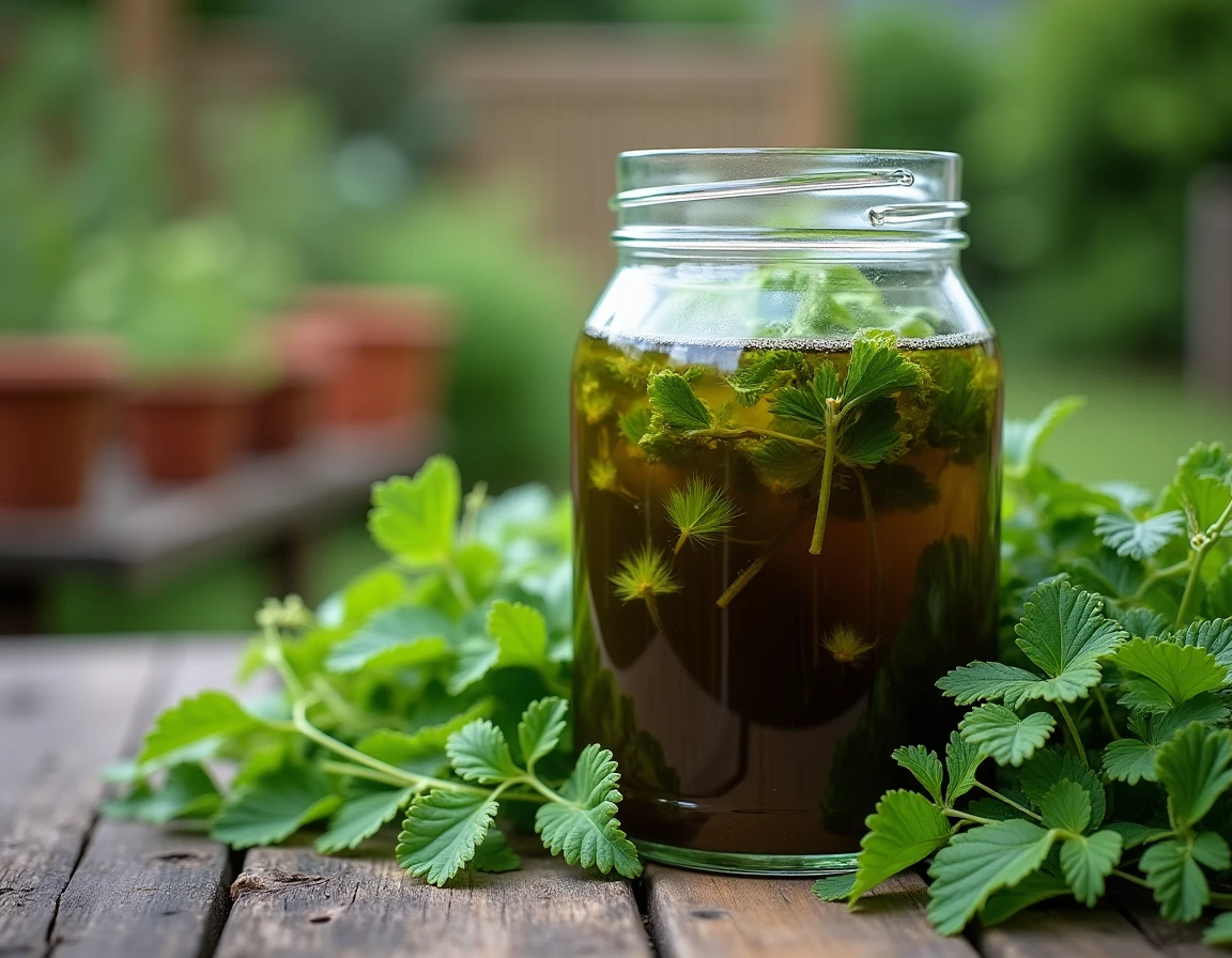 Bocal en verre avec du purin d'ortie en fermentation entouré de feuilles d'orties fraîches sur une table de jardin