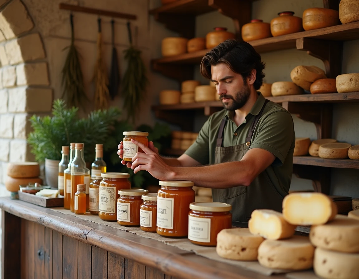 Épicerie fine sarde avec produits locaux typiques comme le miel, la bottarga et le fromage pecorino