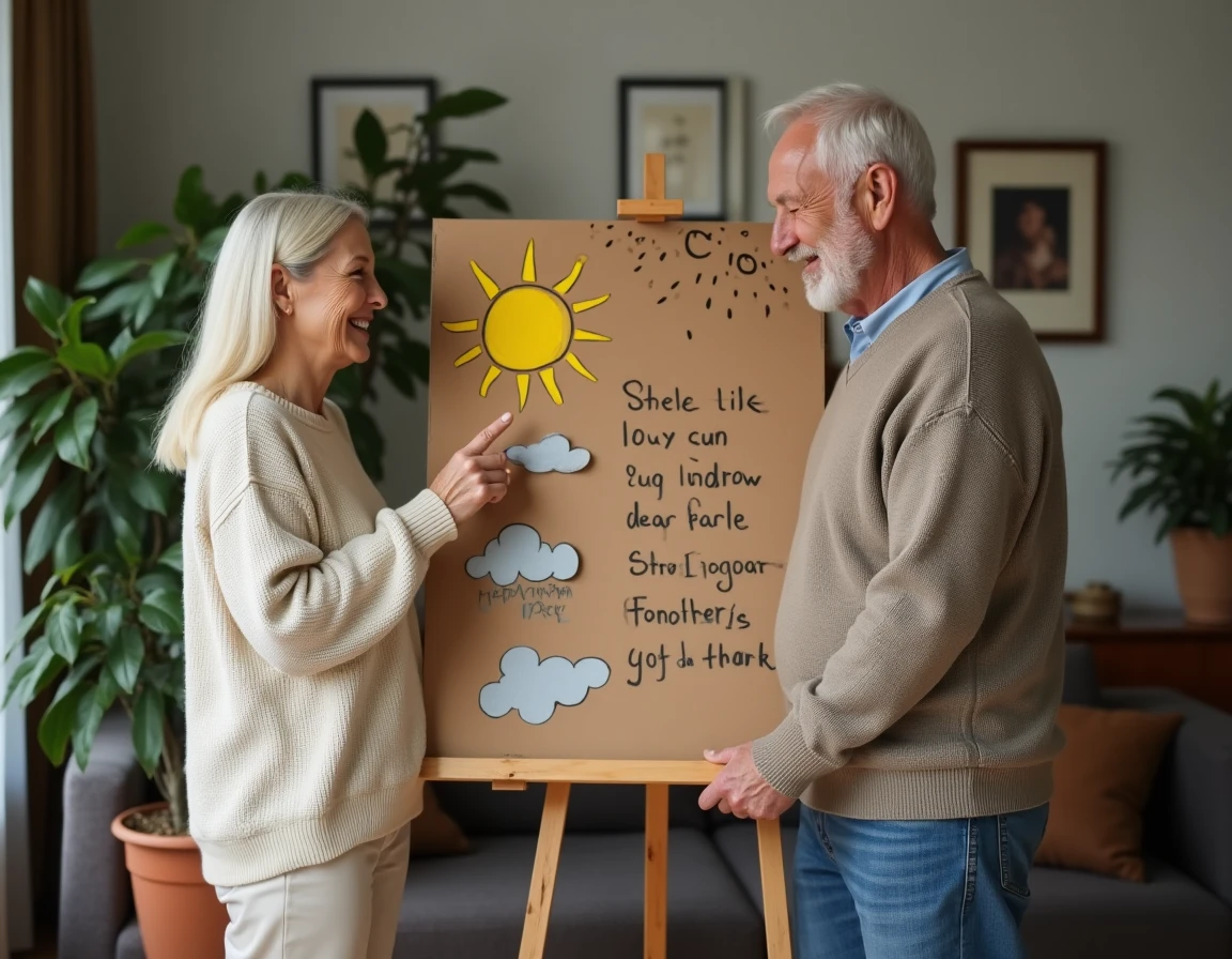 Couple âgé souriant devant un tableau de bulletin météo humoristique illustrant leur vie à deux