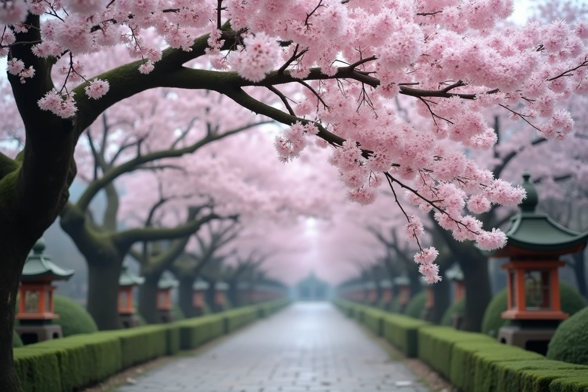 Cerisier japonais en fleurs roses au-dessus d'un sentier en pierre dans un jardin traditionnel japonais