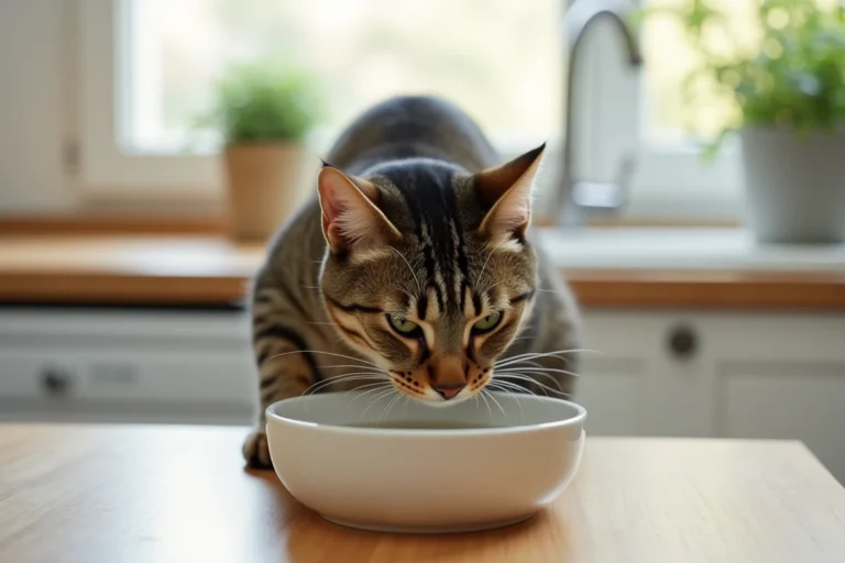 Chat tigré qui boit de l'eau dans un bol en céramique blanche posé sur un plan de travail en bois clair