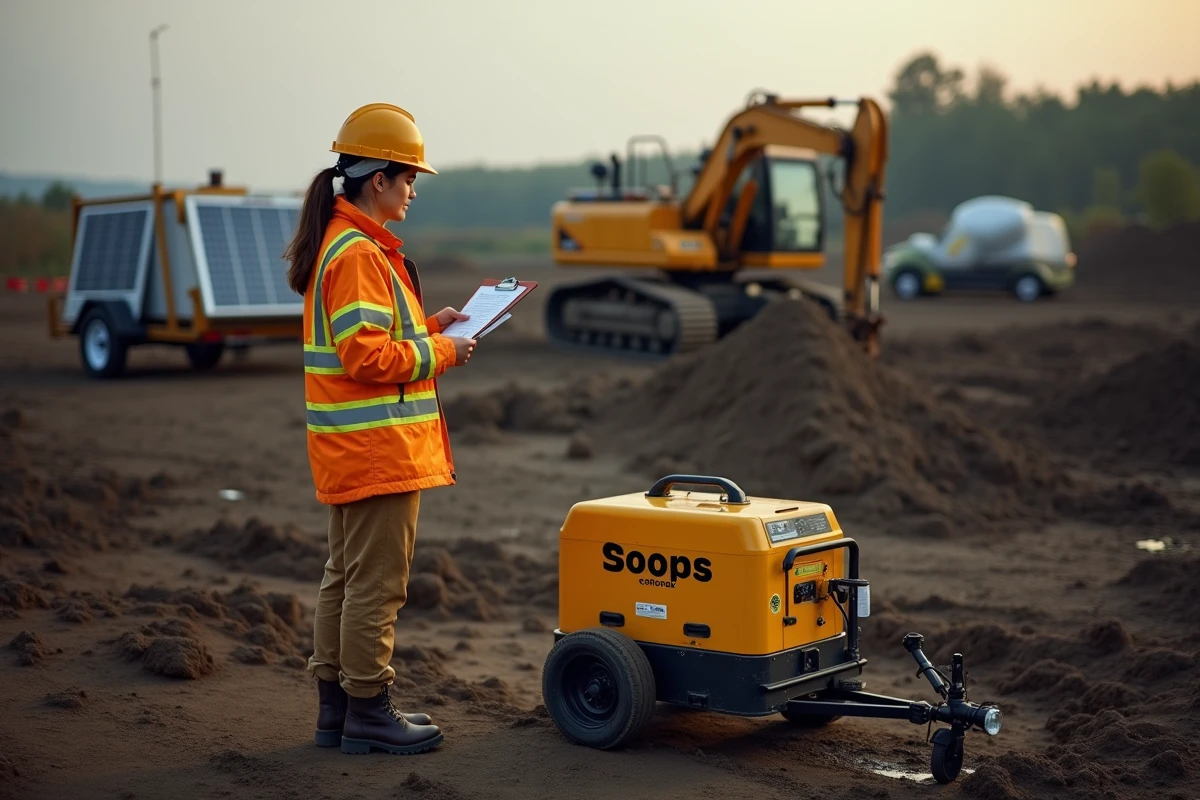 Chef de chantier féminine consultant les documents de location d'une batterie solaire sur un terrain en construction