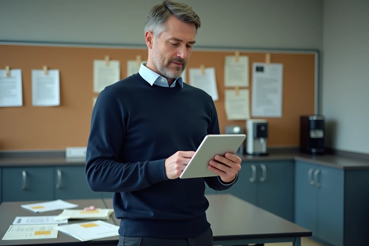 Enseignant remplaçant utilisant une tablette pour s'authentifier sur le portail Arena dans une salle des professeurs