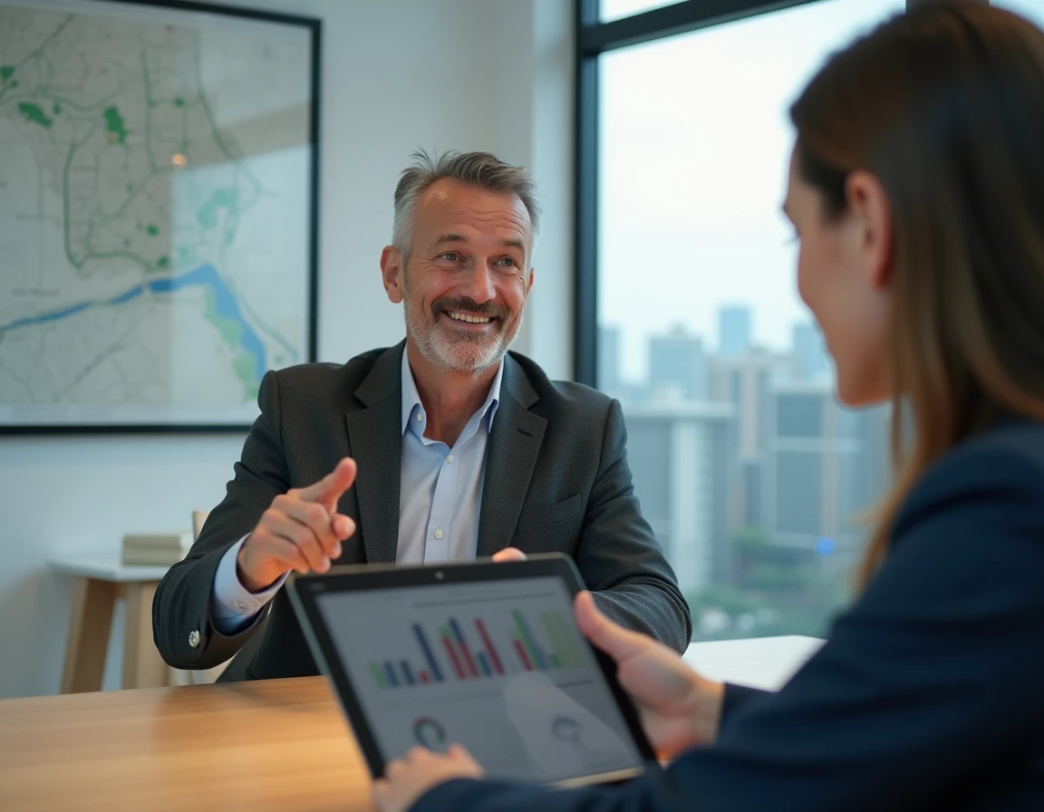 Conseiller immobilier présentant une plateforme numérique à un client dans une agence professionnelle moderne