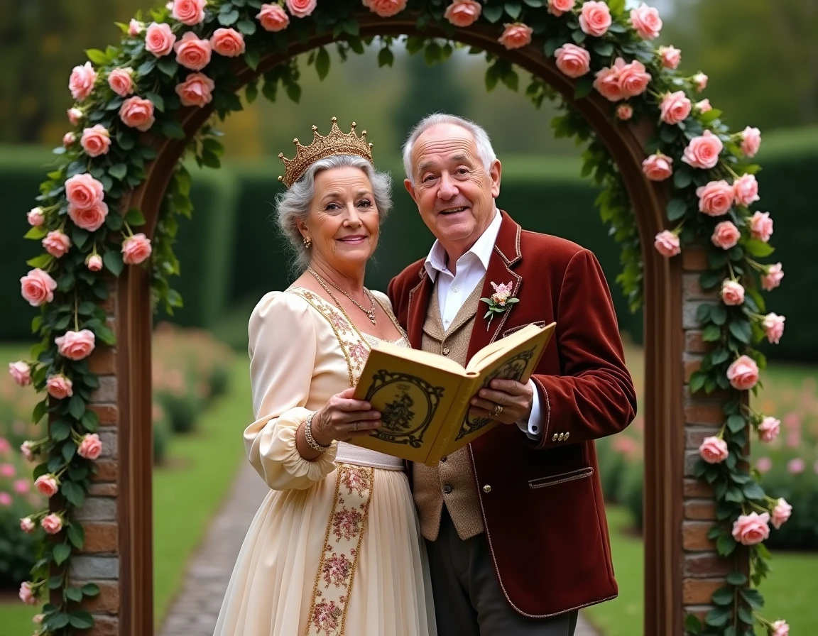 Couple en costume déguisé posant comme des personnages d'un conte de fées revisité pour leurs 40 ans de mariage