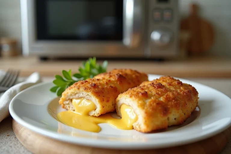 Cordon bleu doré et croustillant sur assiette blanche avec fromage fondu, cuit au micro-ondes, photographié en cuisine moderne