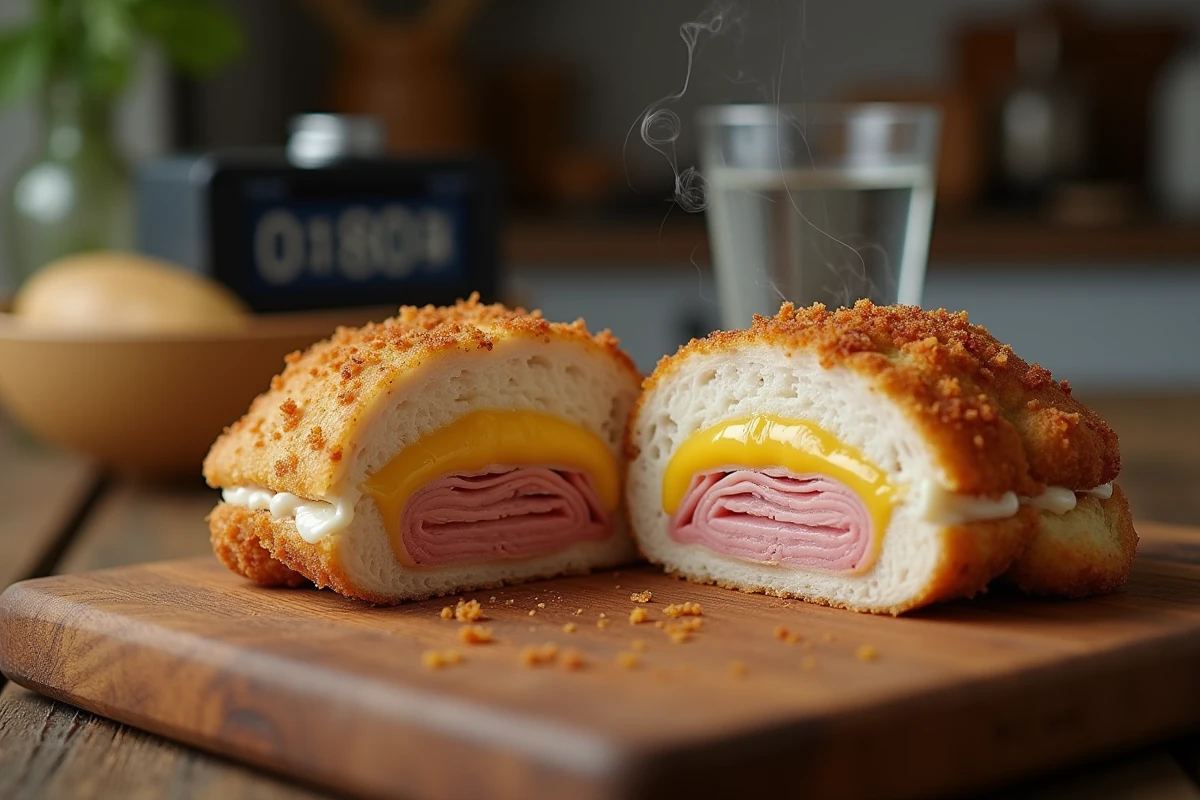 Cordon bleu tranché révélant le jambon et le fromage fondant à l'intérieur, posé sur une planche en bois avec minuteur de cuisine