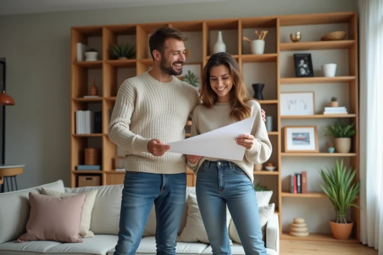 Jeune couple discutant plan dans un salon lumineux