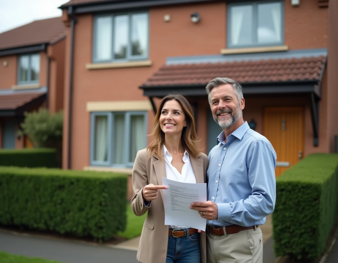 Couple évaluant une propriété résidentielle en tenant une liste de vérification immobilière devant une maison