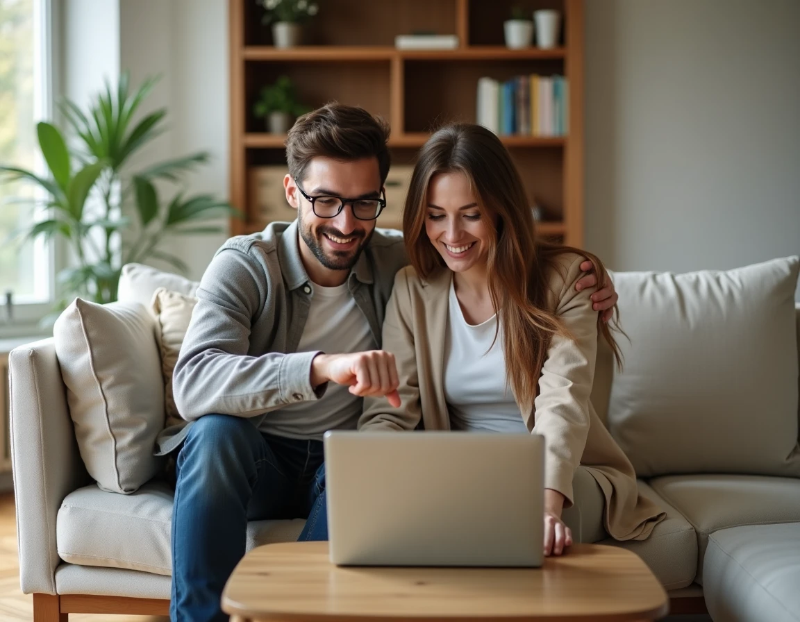 Couple cherchant un appartement en ligne ensemble sur un canapé dans leur salon