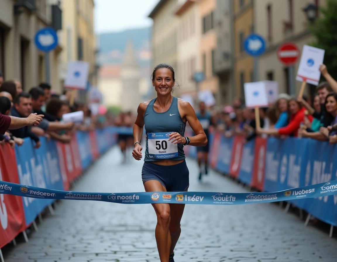 Coureuse franchissant la ligne d'arrivée d'un marathon régional dans une rue pavée d'une petite ville française