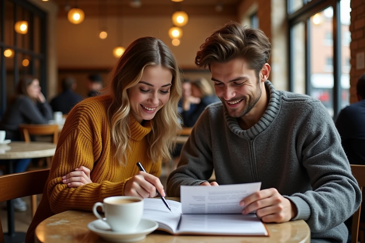 Deux jeunes adultes consultent un guide de grammaire française dans un café pour éviter les fautes d'orthographe