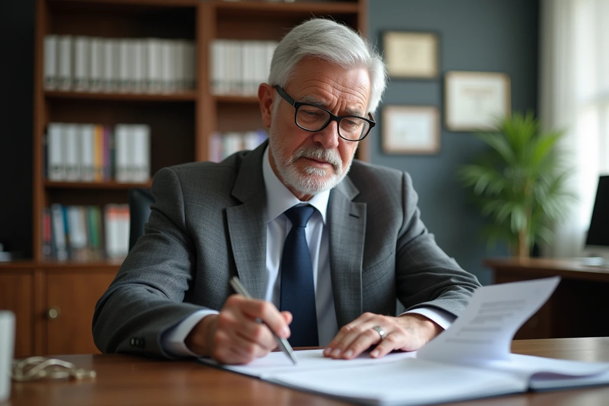 Directeur d'école en costume gris signant un contrat officiel dans son bureau, évolution du pacte enseignant 2025