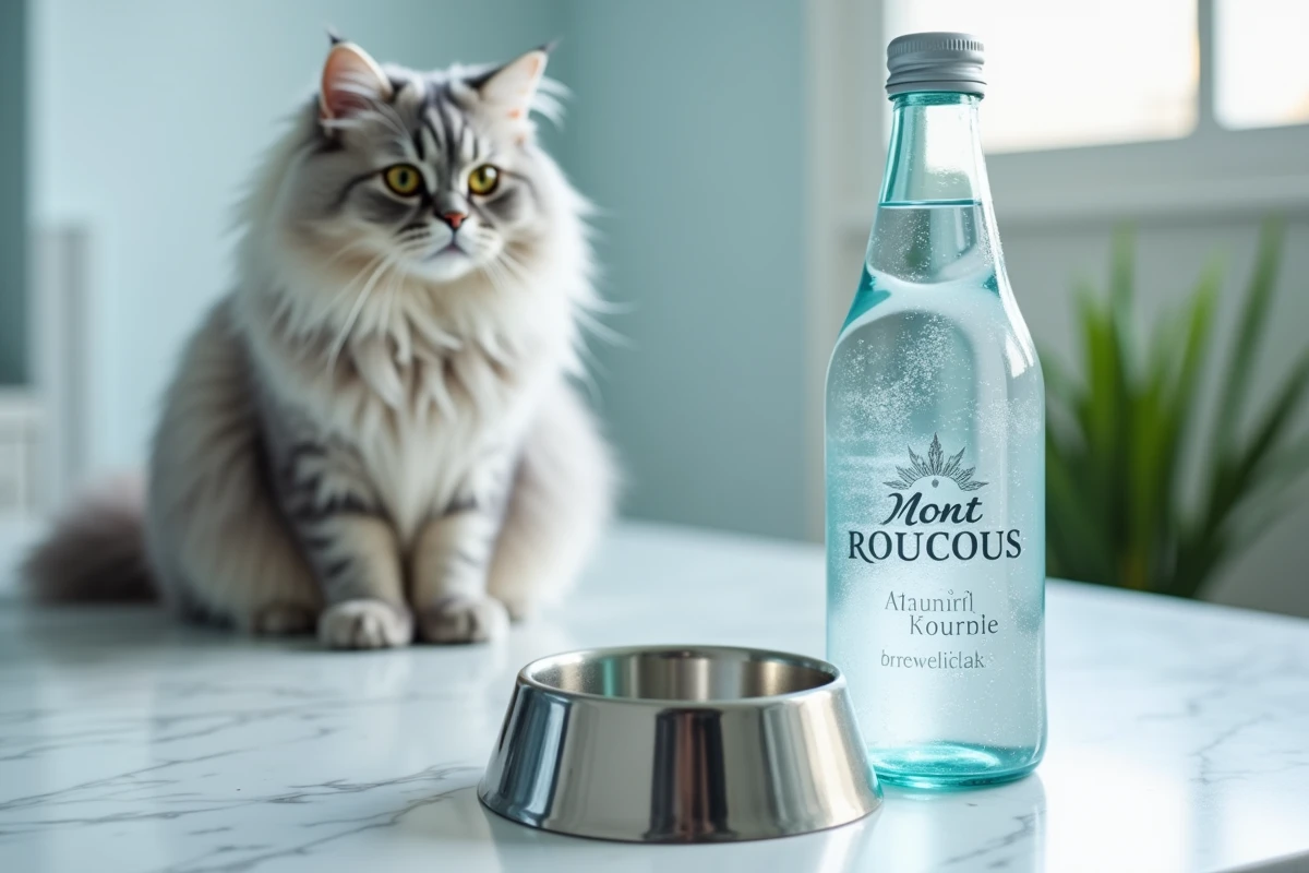 Bouteille d'eau Mont Roucous et bol en inox pour chat posés sur un plan en marbre blanc avec un chat persan flou en arrière-plan