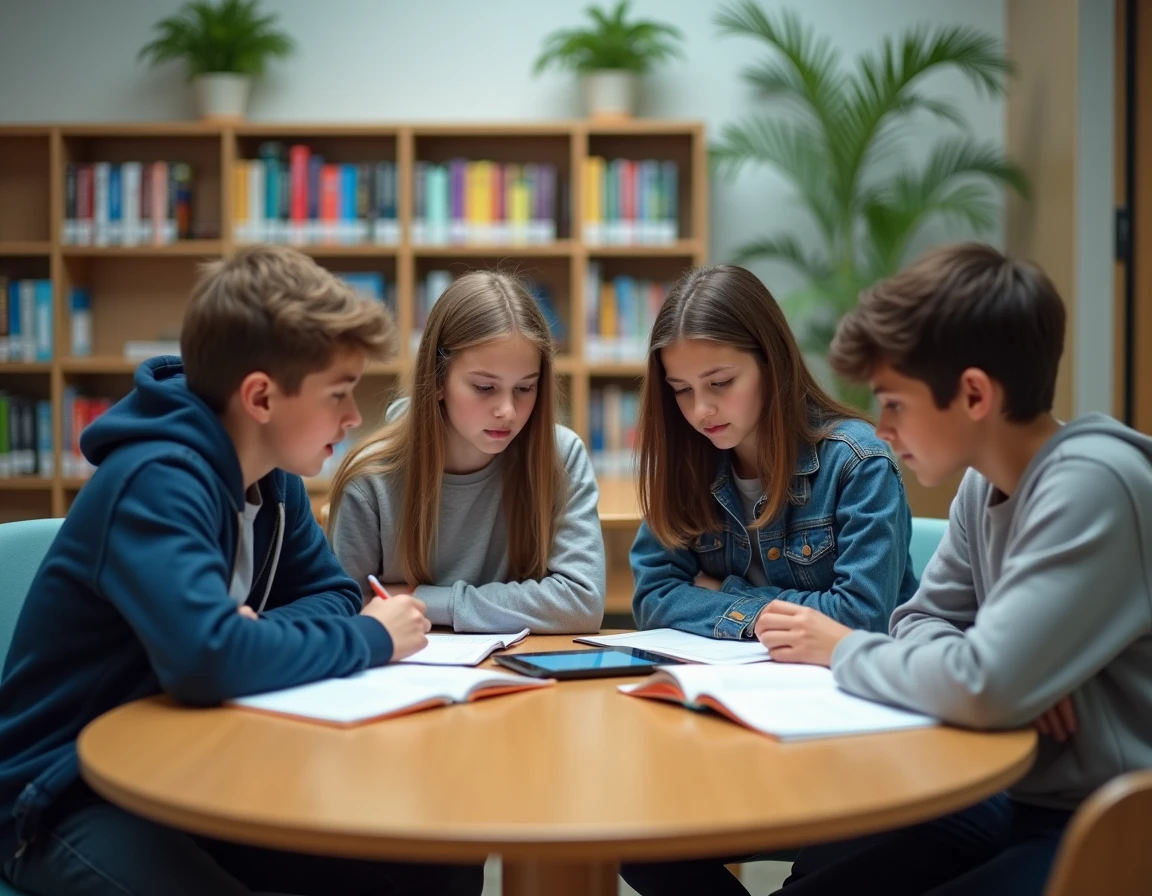 Groupe d'élèves adolescents collaborant sur une tablette numérique dans une bibliothèque scolaire dans le cadre du programme Ma Classe 2023