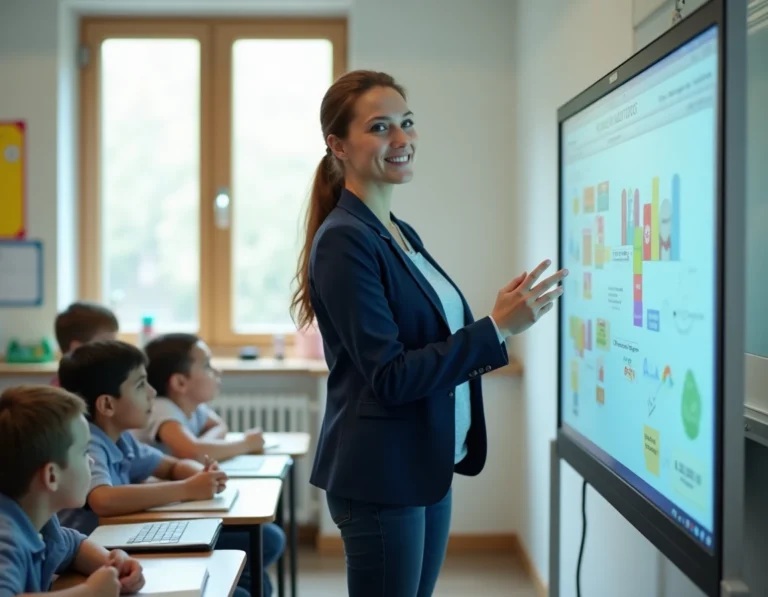 Enseignante expliquant un programme éducatif innovant Ma Classe 2023 devant un tableau interactif dans une salle de classe moderne