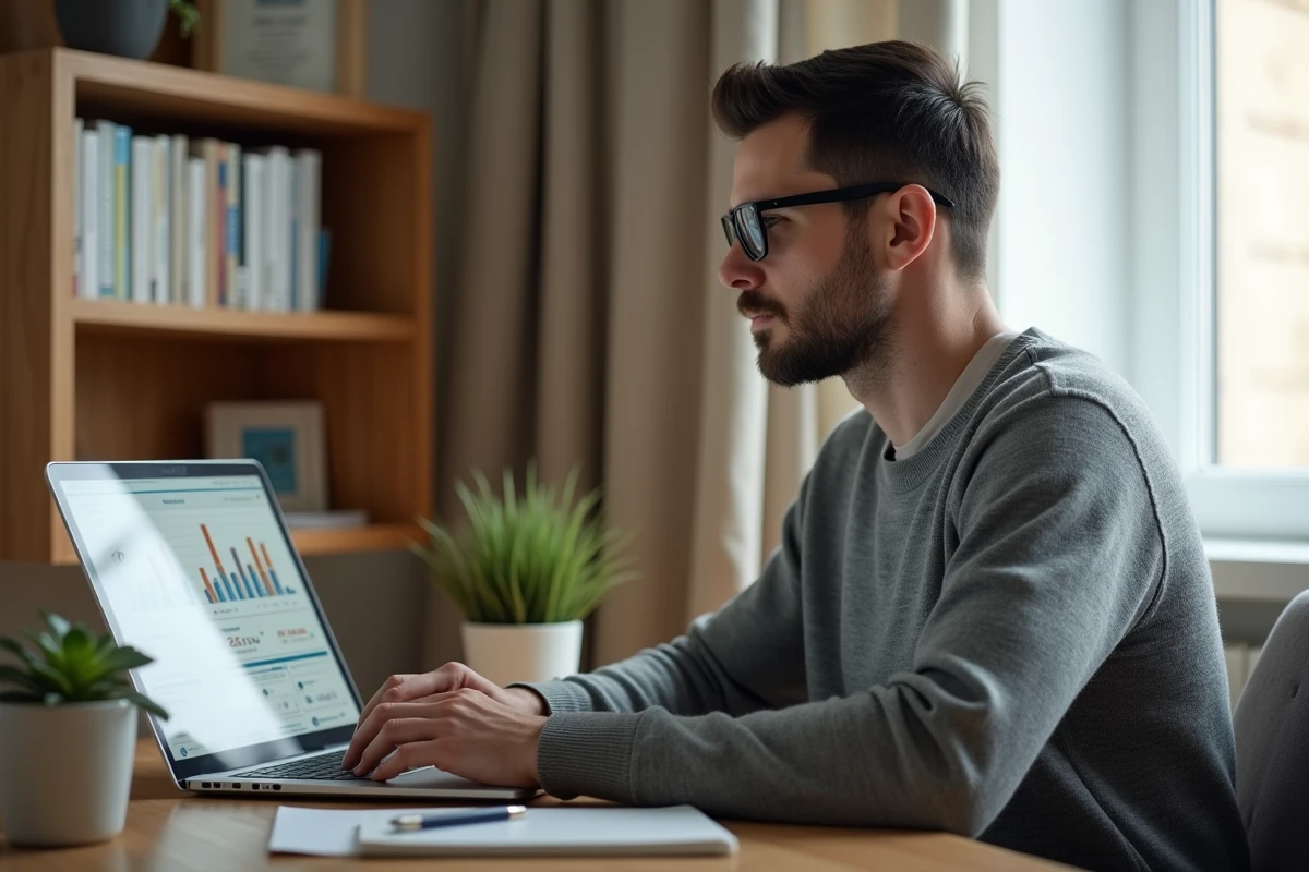 Entrepreneur concentré travaillant sur les nouvelles tendances business depuis son bureau à domicile en 2024