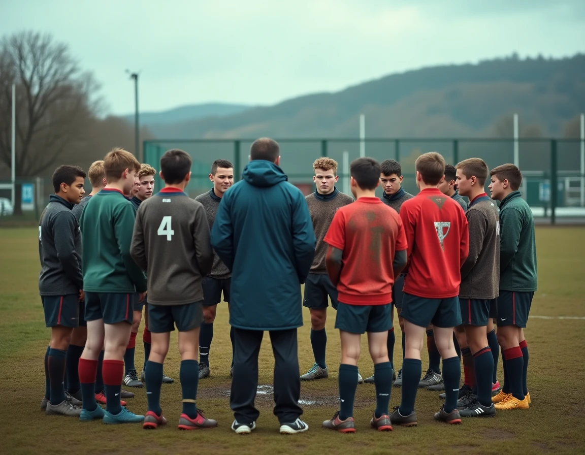Équipe de jeunes rugbymen en cercle d'encouragement avant un match sur un terrain régional boueux avec leur entraîneur