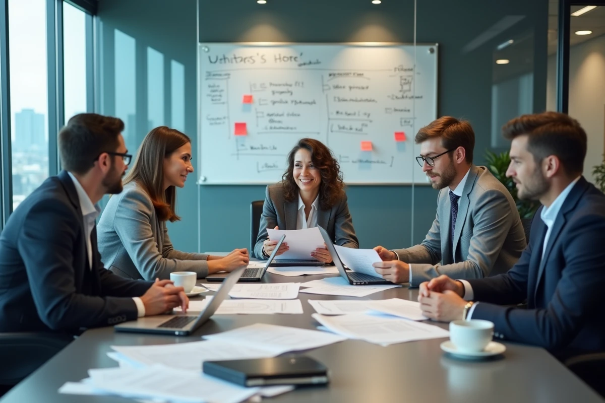 Équipe professionnelle en réunion stratégique discutant des tendances et opportunités d'entreprise pour 2024