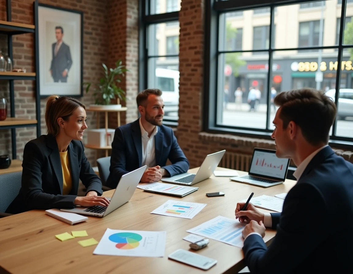 Équipe de professionnels en réunion stratégique autour d'une table avec données de tendances marché dans un espace coworking