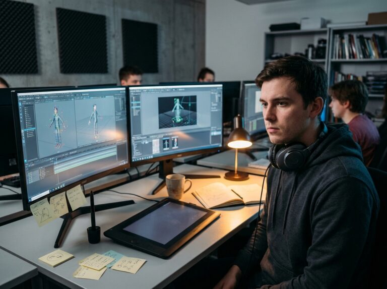 Étudiant en animation 3D travaillant sur un logiciel de modélisation dans un laboratoire universitaire moderne