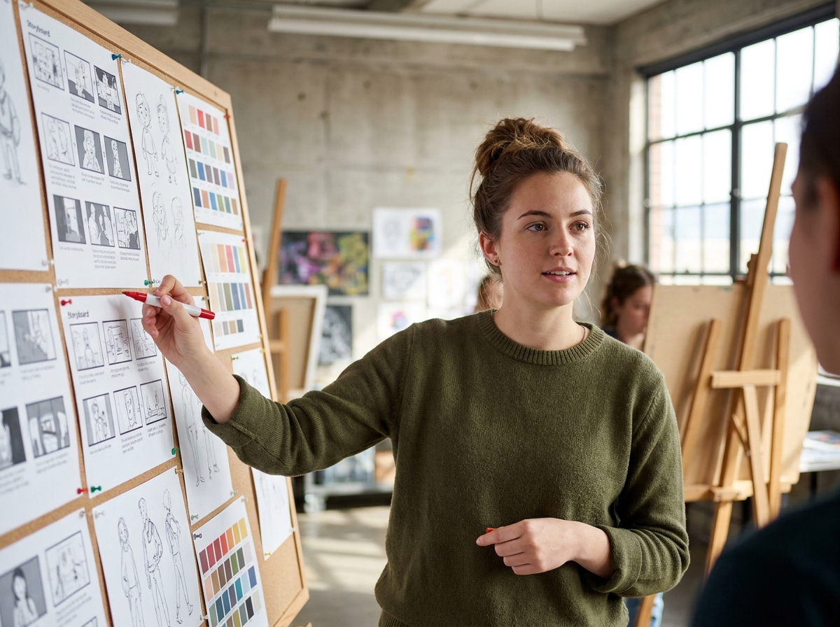 Étudiante en effets visuels présentant ses storyboards lors d'une critique dans un studio artistique
