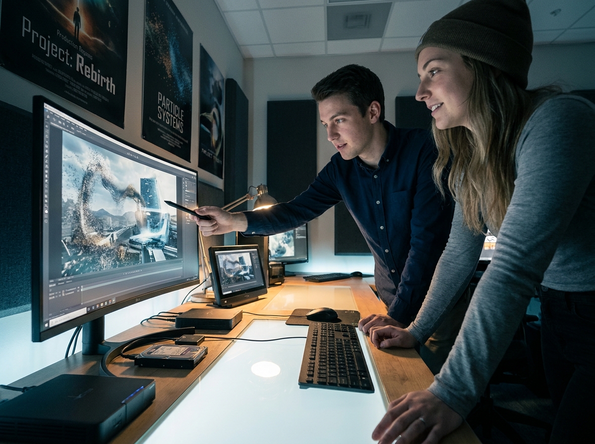 Deux étudiants en animation 3D collaborant sur un projet de compositing VFX dans une salle de post-production