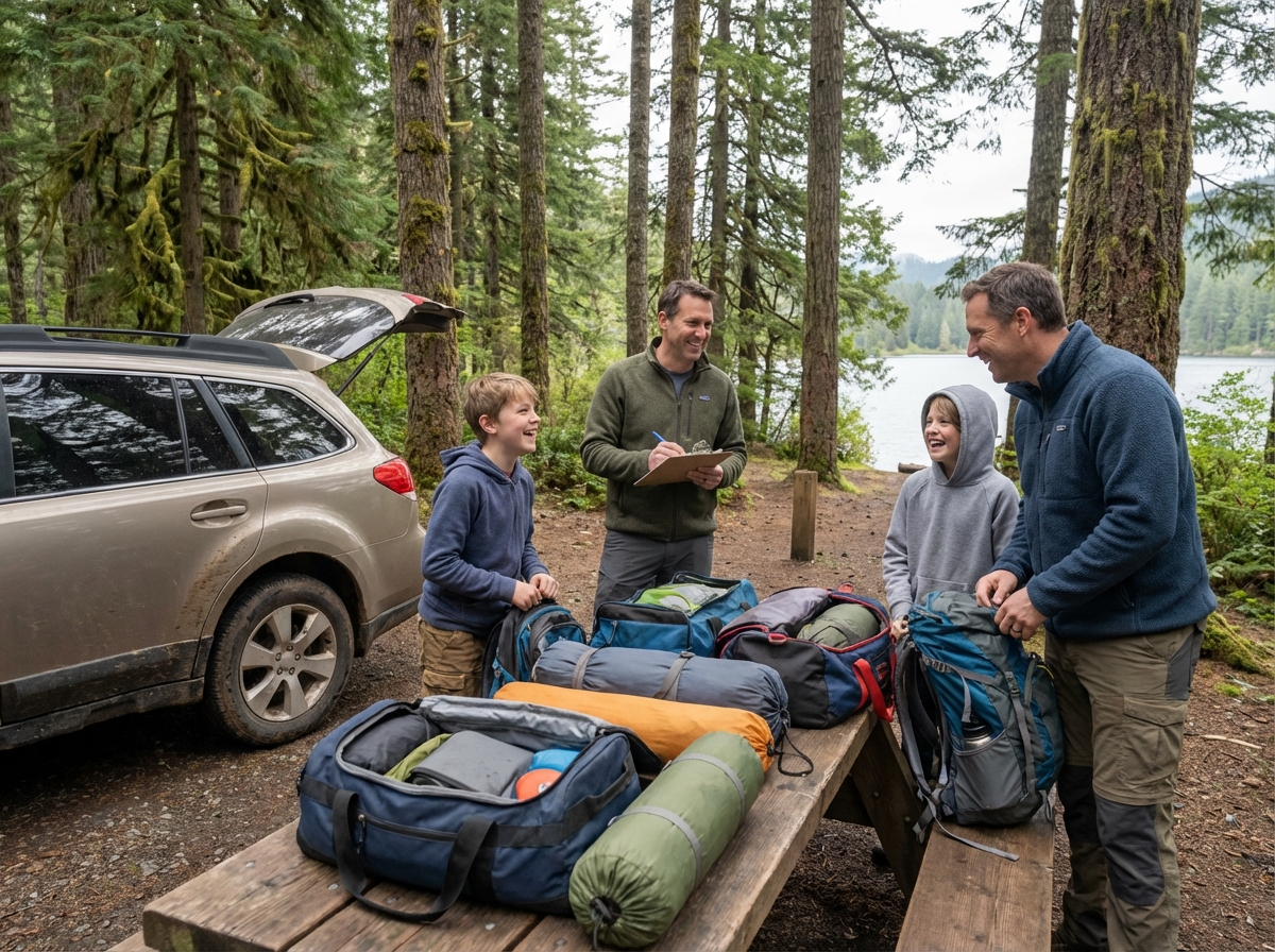 Famille de quatre en camping dans la forêt