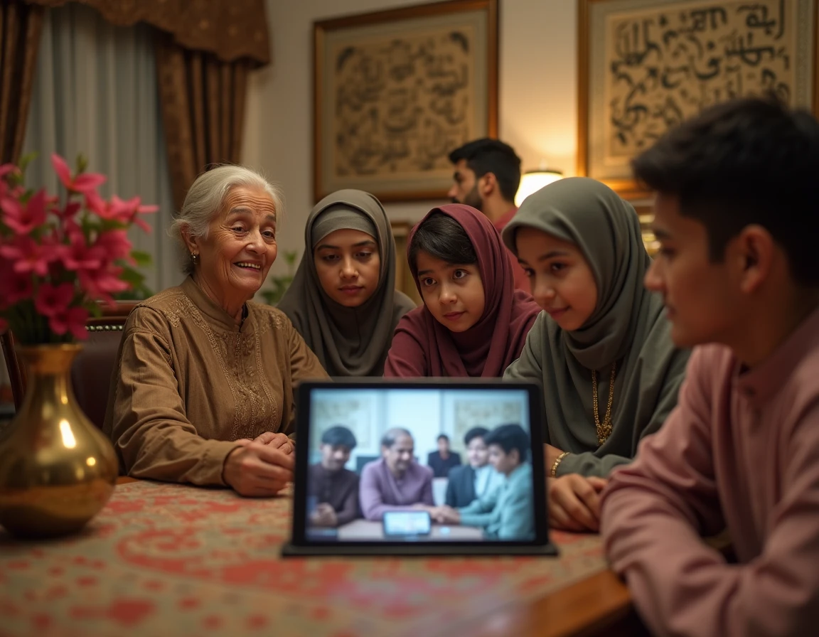 Famille musulmane réunie autour d'une tablette pour assister à distance à une cérémonie de mariage islamique, vêtue de tenues traditionnelles colorées