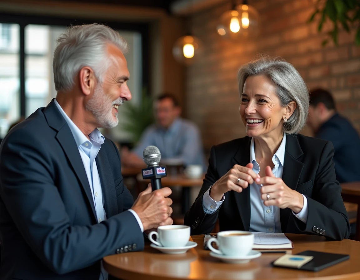 Couple senior rejouant une fausse interview complice dans un café avec micro et carnet de notes