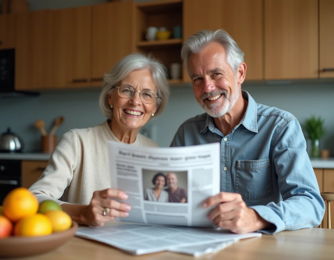 Couple senior tenant un faux communiqué de presse conjugal humoristique à la cuisine