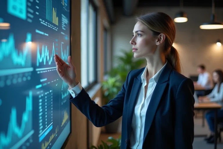 Femme d'affaires analysant des données et tendances business sur un écran numérique dans un bureau moderne en 2024