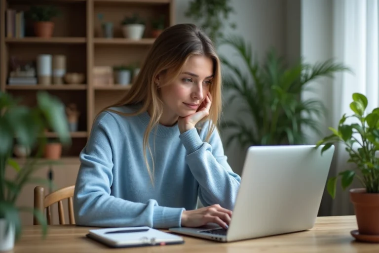 Femme concentrée travaillant sur son ordinateur à domicile