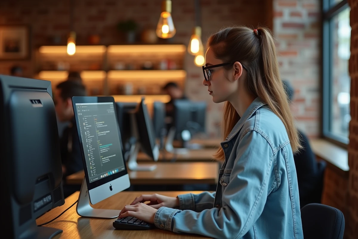 Jeune femme dans un café internet vérifiant des serveurs eMule