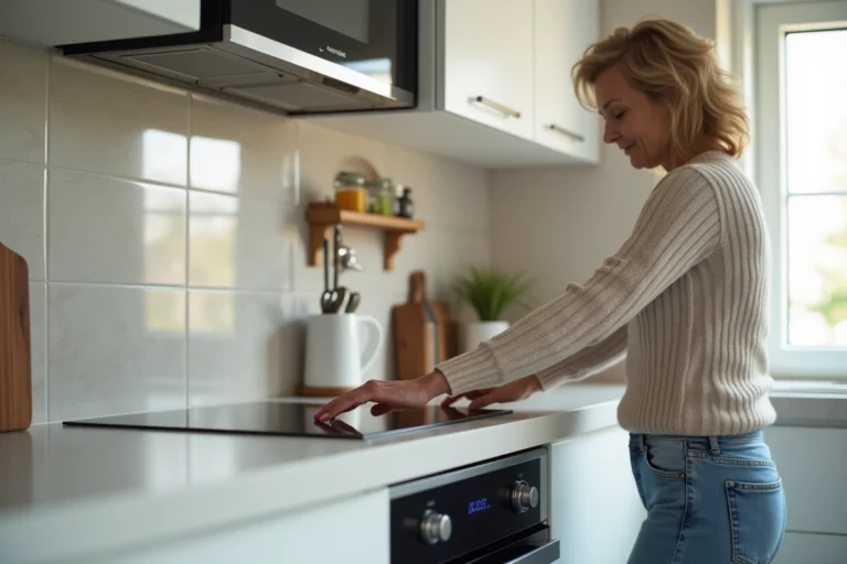Femme d'âge moyen utilisant une plaque à induction dans la cuisine