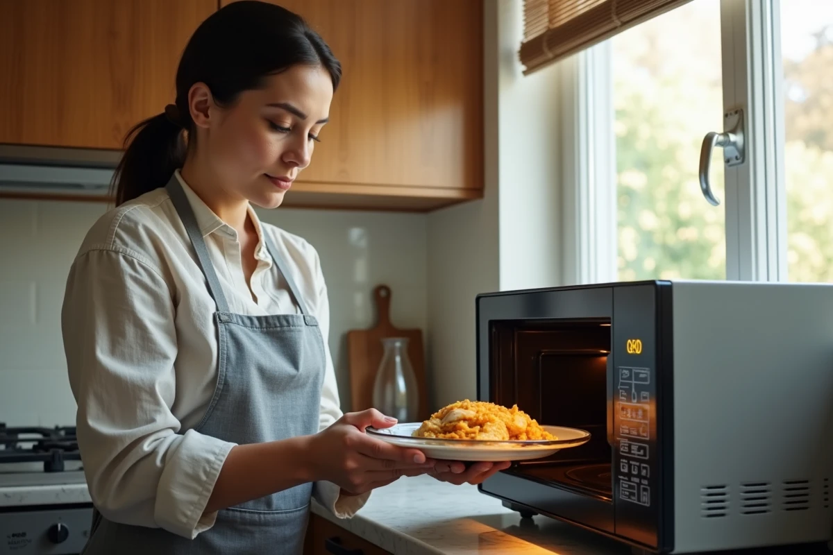 Femme plaçant un cordon bleu dans un micro-ondes en cuisine domestique, préparation facile et rapide d'un plat du quotidien
