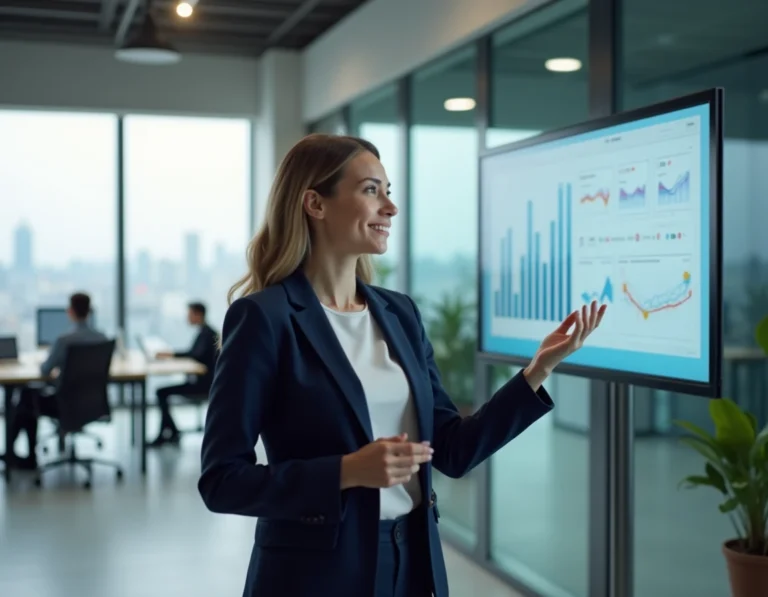 Femme dirigeante en blazer marine analysant des tendances business sur un tableau de bord numérique dans un bureau moderne