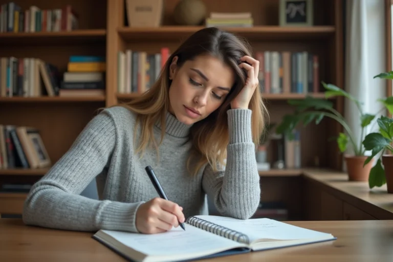 Femme concentrée qui écrit dans un cahier pour corriger une faute d'orthographe en français