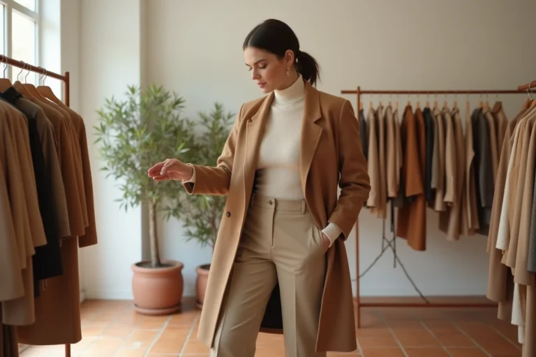 Femme élégante en manteau camel inspectant des vêtements dans une boutique de mode parisienne minimaliste