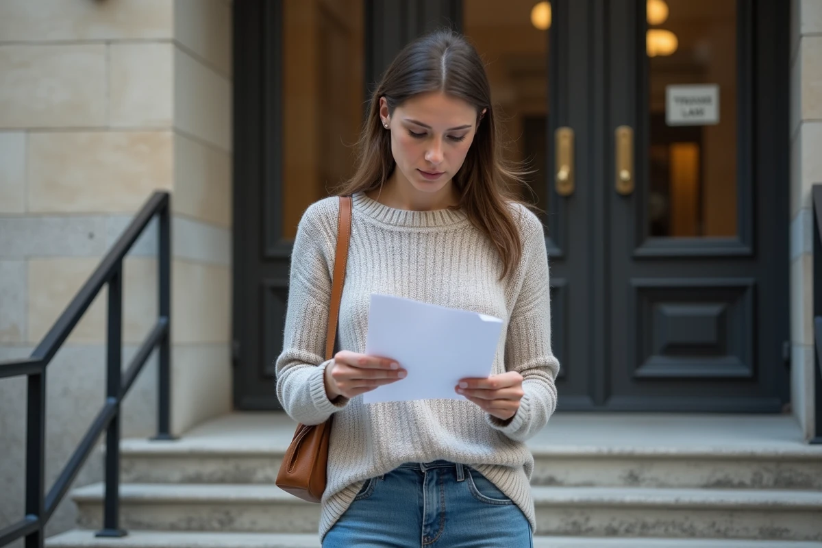 Femme lisant une convocation devant un bâtiment officiel