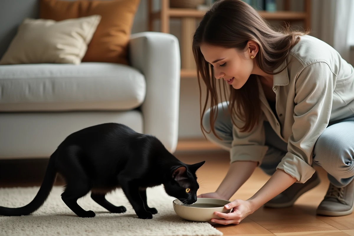 Jeune femme qui propose un bol d'eau à son chat noir dans un salon cosy avec parquet en bois