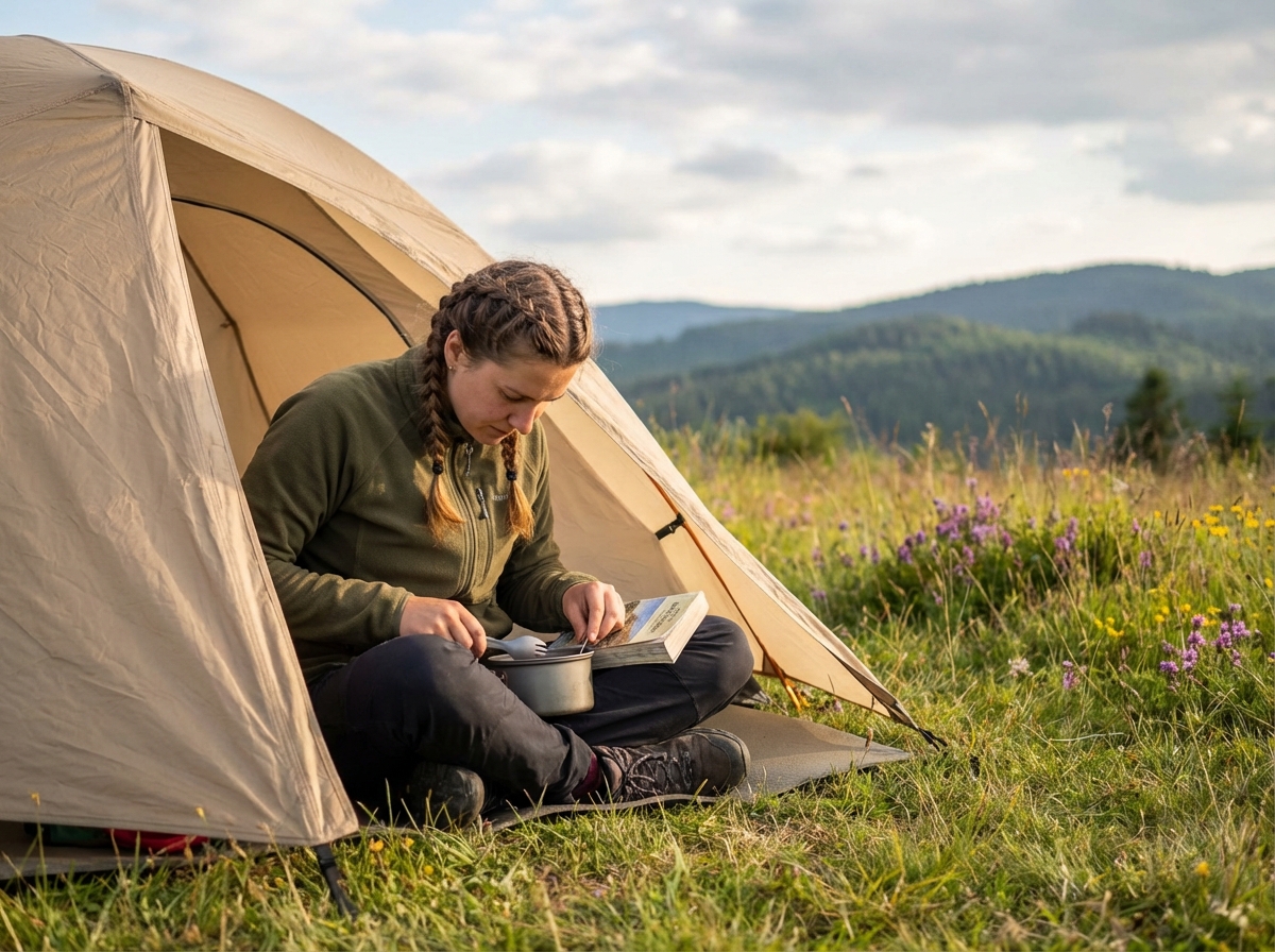 Jeune femme organisant son matériel de camping