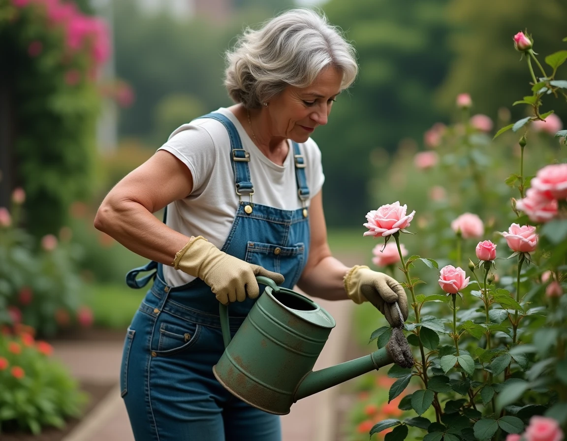 Femme versant du purin d'ortie au pied d'un rosier en fleurs dans un jardin de campagne français