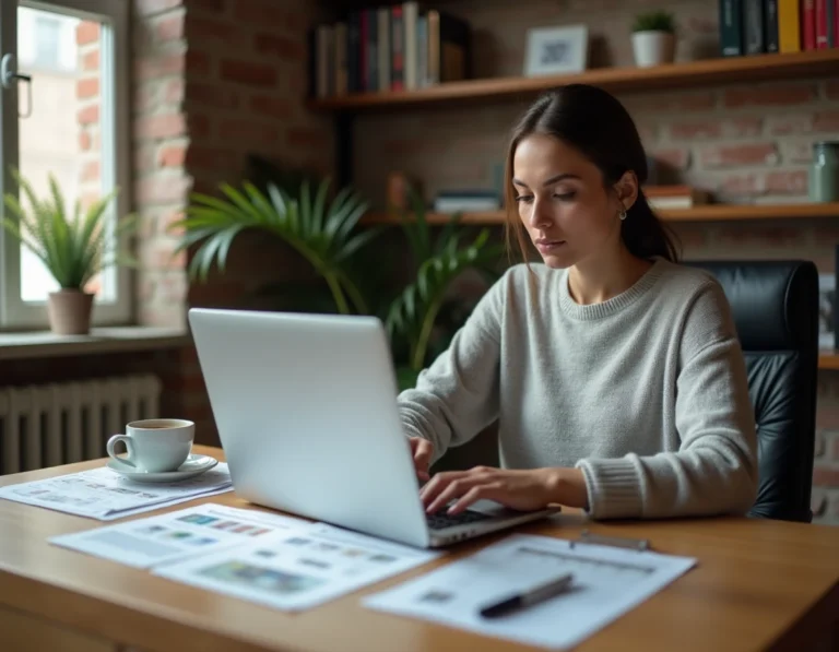 Femme cherchant un bien immobilier en ligne sur son ordinateur portable dans un bureau à domicile