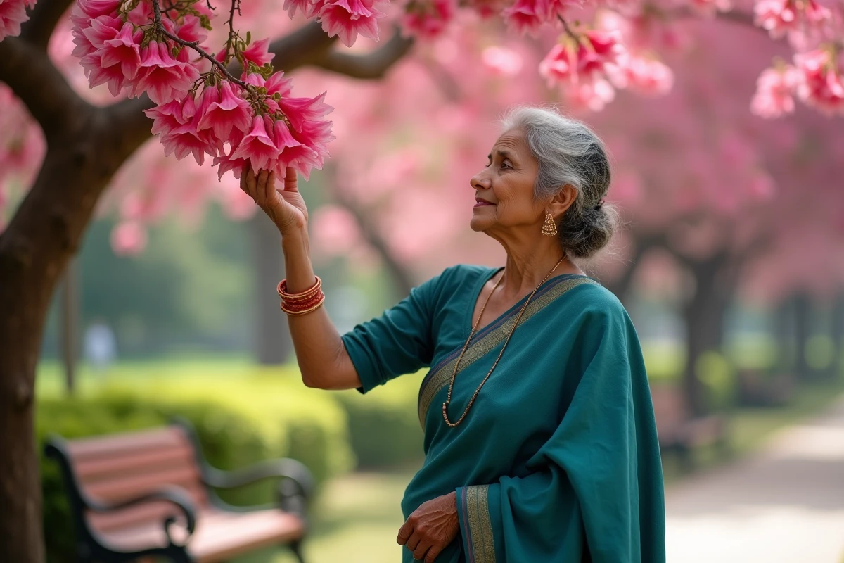 Femme indienne en sari sous un arbre Tabebuia aux fleurs roses dans un parc urbain