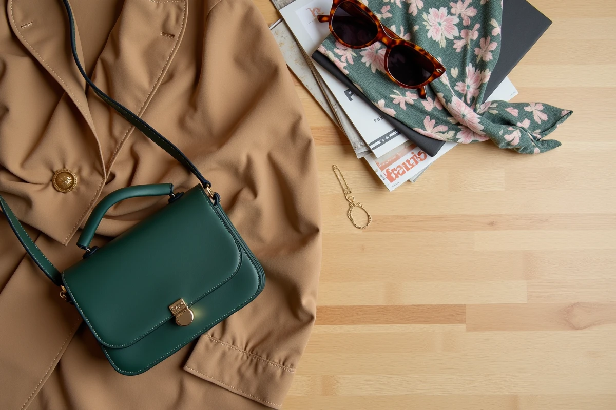 Flat-lay élégant d'accessoires et vêtements tendance 2024 sur fond bois clair