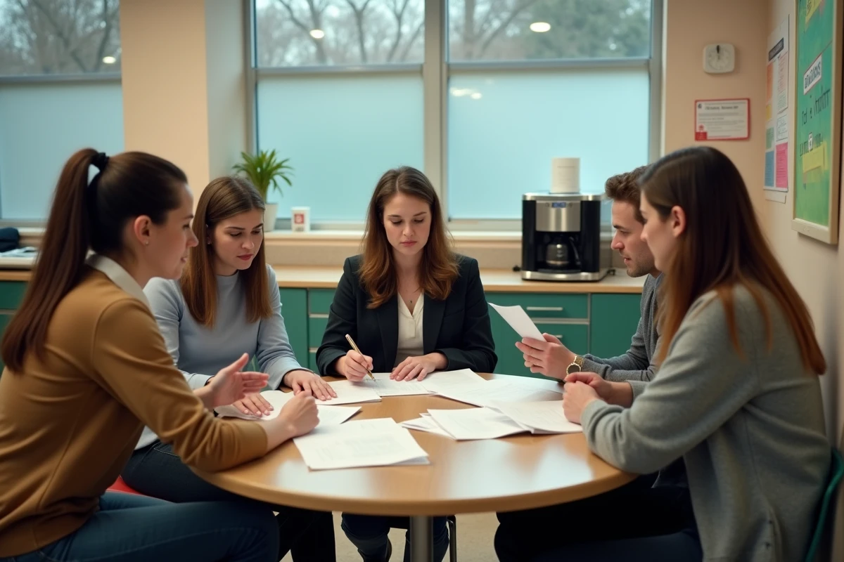 Groupe d'enseignants réunis en salle des professeurs pour discuter des évolutions du pacte enseignant en 2025